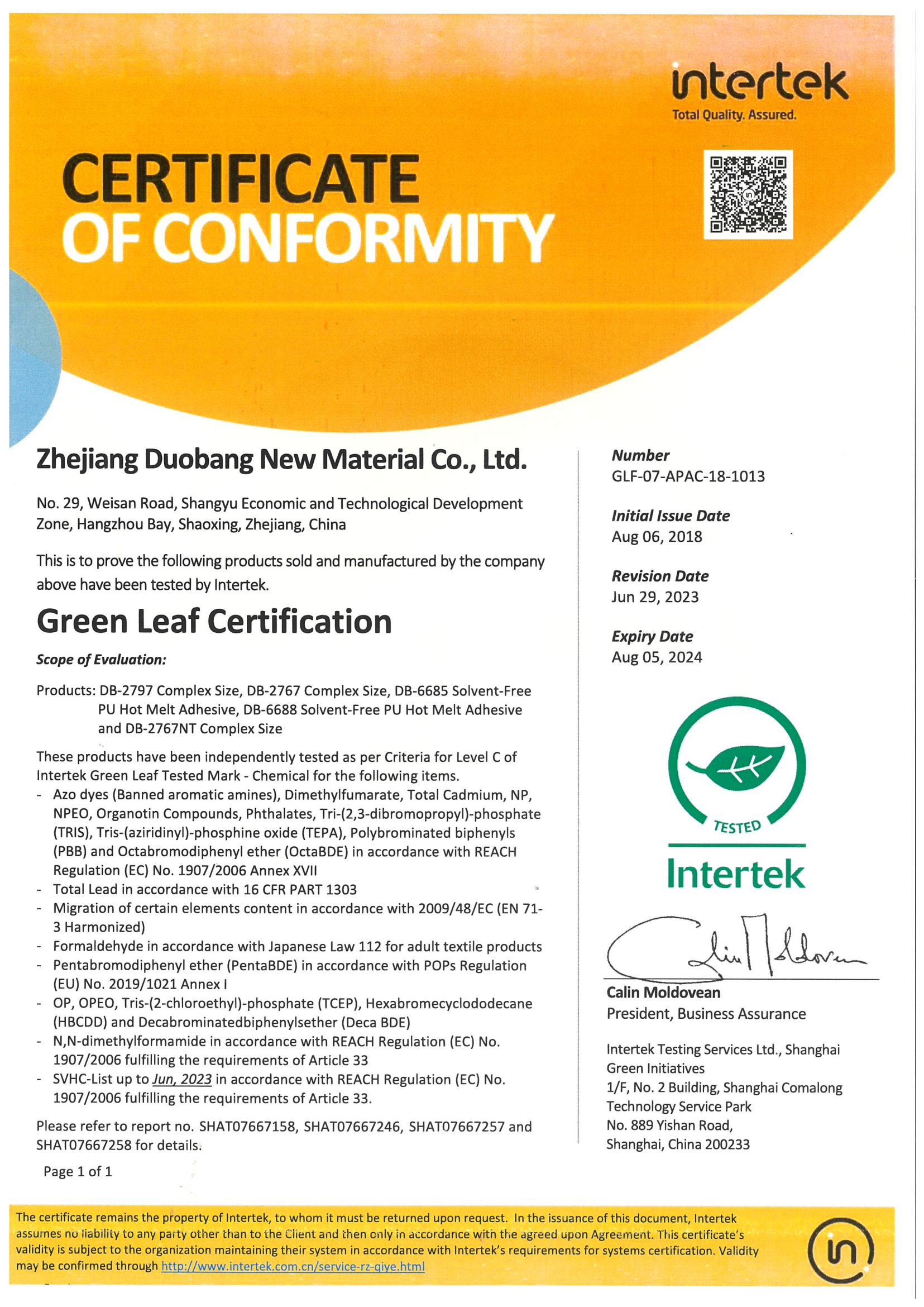 Intertek  Environmental Protection Certificate